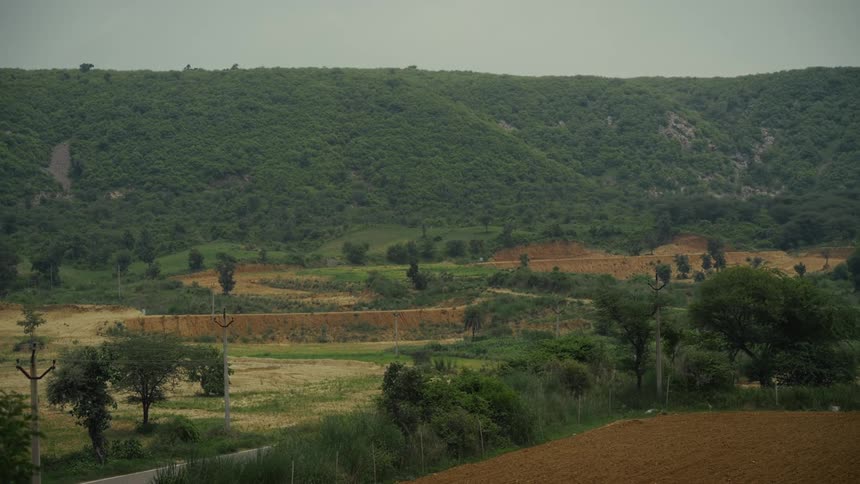 Bands of vegetation and exposed soil alternate along green hills under a gray sky