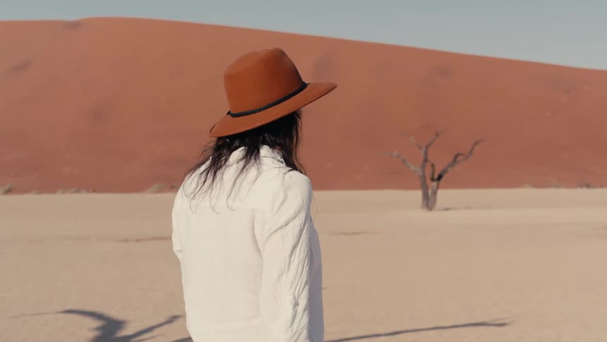 A woman wearing a white shirt and a terracottacolored widebrimmed hat stands looking out over a vast desert landscape a huge redorange sand dune dominates the background framed by the silhouettes of a few dead trees