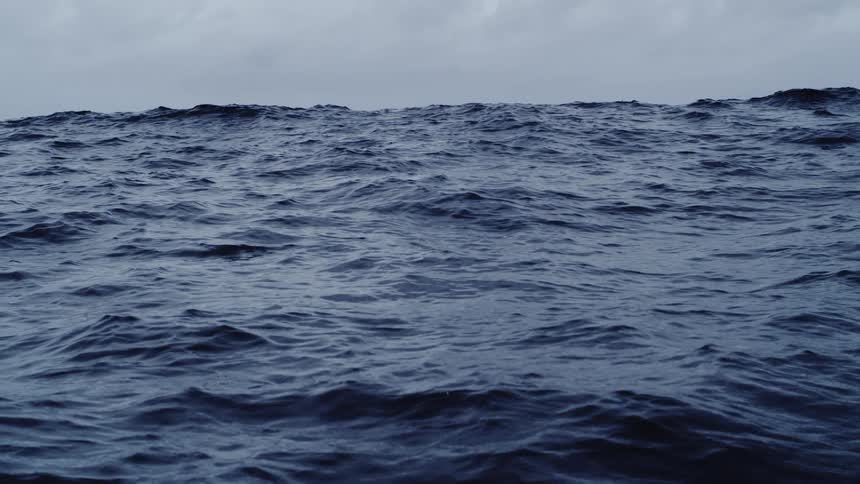 A vast expanse of dark choppy ocean water moves and swells endlessly beneath a moody gray sky