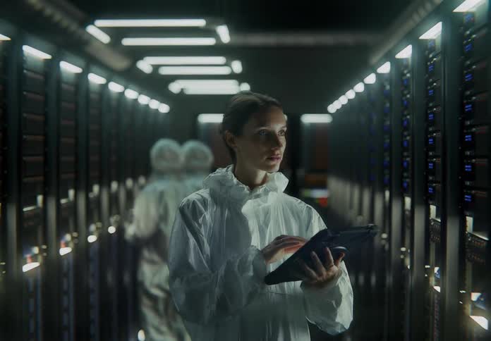 A woman dressed in scientist attire is indoors looking at servers racks and using a tablet in a data center