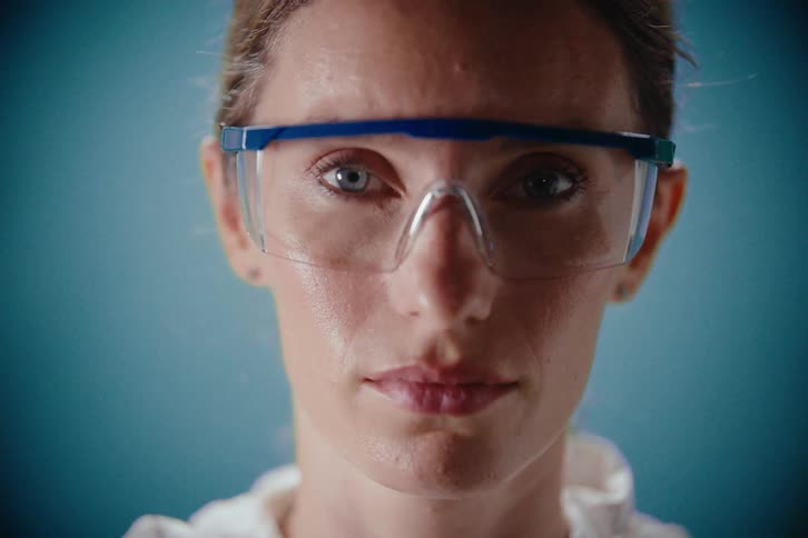 The video shows a tight closeup of a woman presumably a scientist or technician wearing protective safety goggles with a blue frame she looks directly at the camera with a steady serious expressiondramatic shifting light and lens flares sweep ac