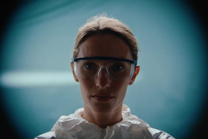 Woman in white protective suit and lit goggles under blue light scanning her face
