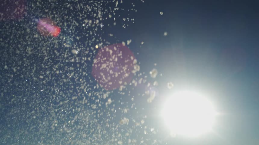 Snow particles suspended beneath blue sky