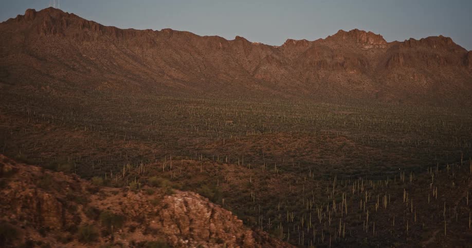 The sonoran desert stretches across the landscape at midday with towering mountain ranges lining the distant horizon