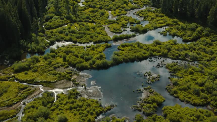 A river forms lakes in a canyon among the trees