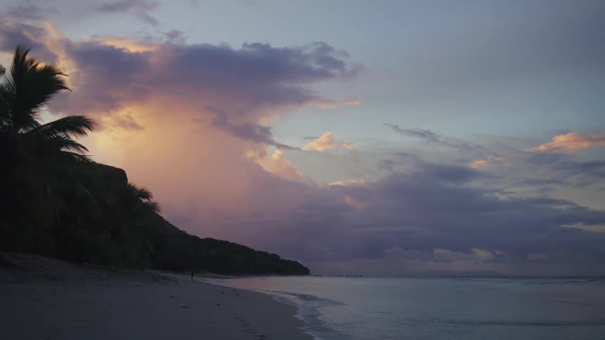 Silhouetted palm trees rise above a dark cliff overlooking the beach as gentle waves wash ashore under a moody sky of purple and orange clouds