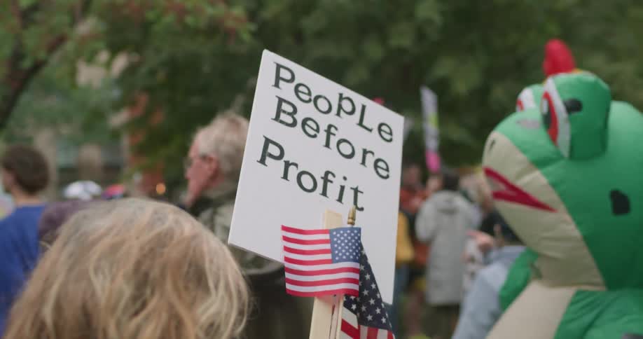 Person holds sign with us flags at outdoor protest in front of costumed characters