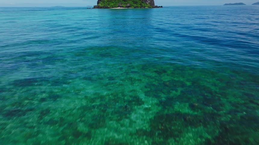 Rocky island with dense vegetation is surrounded by deep blue sea under clear sky