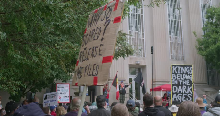 A group of people waving protest boards while at an outdoor demonstration in a metropolitan city during daytime