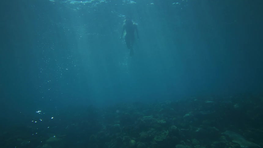 The video captures an underwater scene with deep blue water showing a person swimming near the surface who is silhouetted against the bright light abovea colorful coral reef or rocky seabed is visible on the bottom with bubbles rising in the water co