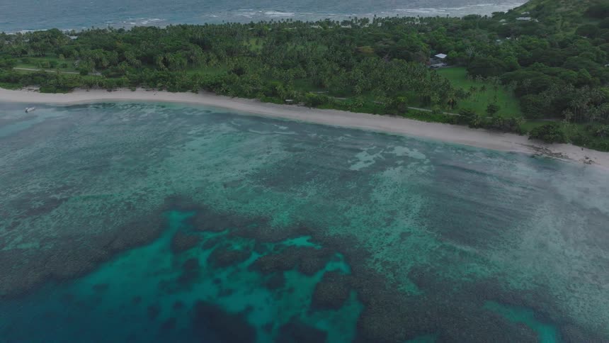 A coastline lined with green vegetation stretches under the midday sun as gentle waves roll against the shore