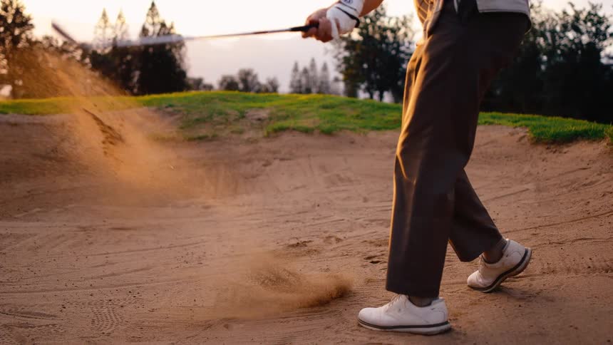 A man is hitting a ball out of a sand trap on a golf course