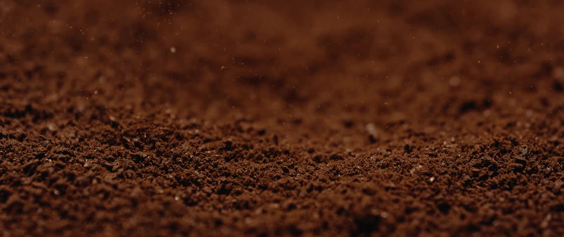 Brown granular soil appears in closeup as small particles float in the air
