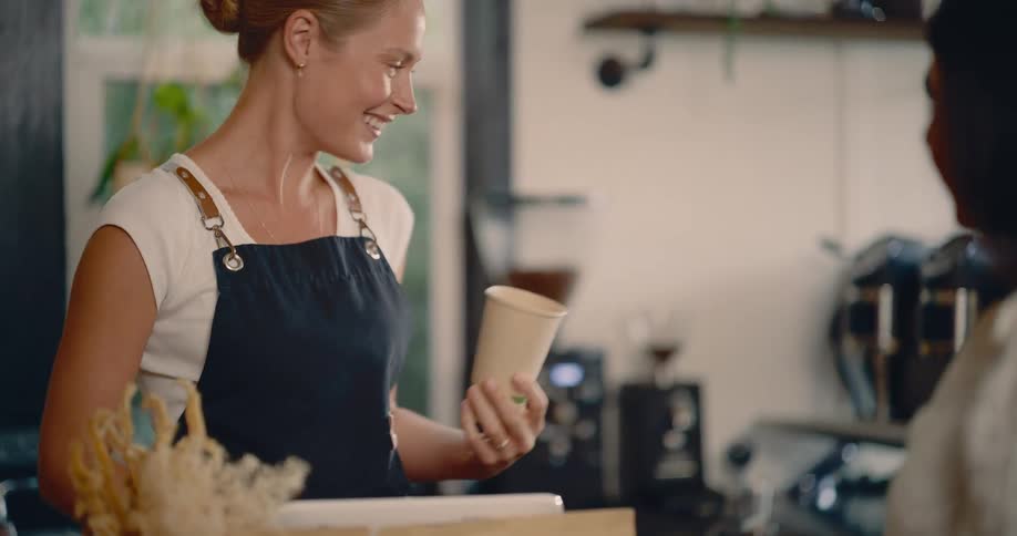 The worker takes the customers order