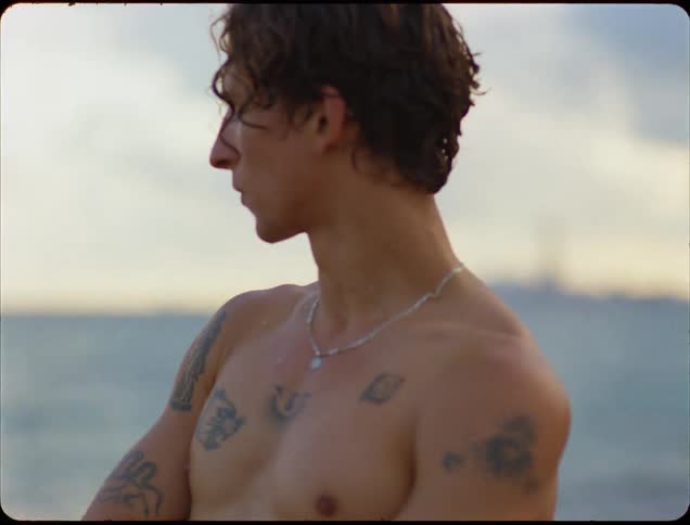 A young shirtless man with wet hair and tattoos standing on a beach and looking out at the ocean with a distant city skyline on the horizon