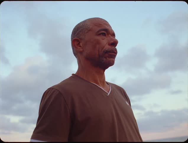 A closeup shot of a mature man with a closely shaved head and a mustache wearing a brown vneck shirt looking offcamera toward the distance against a background of an overcast cloudy sky