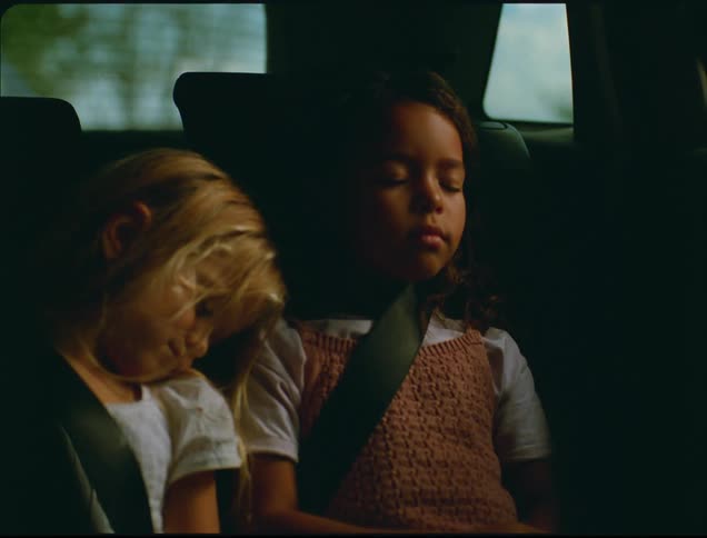 Two girls are sleeping in back of the car