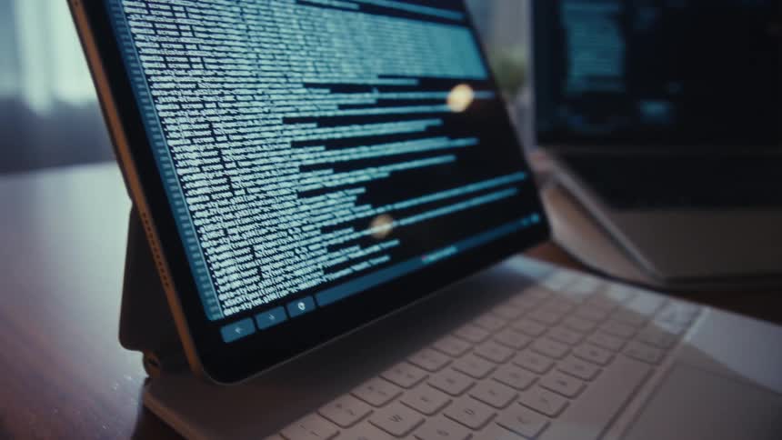 A person types on a wireless keyboard next to a screen displaying lines of computer code