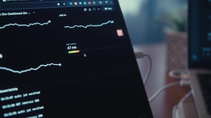 A close view of a monitor displaying a dark dashboard with technical line graphs showing live data related to system performance and latency