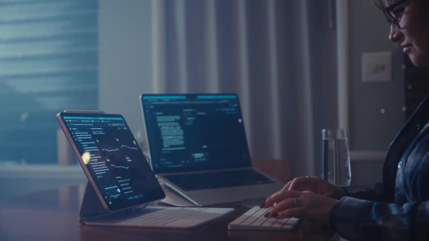 A woman with her hair in a bun and wearing glasses sits at a desk in her home office late at night typing on a keyboard while working across multiple screens displaying financial data and code
