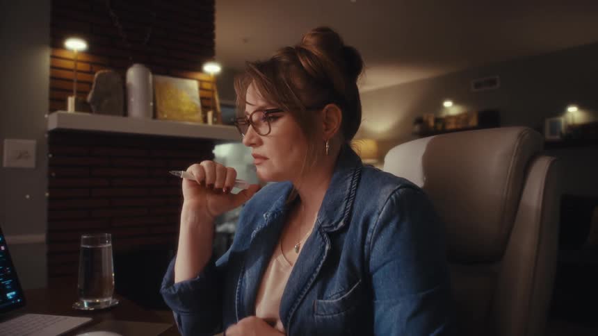 A woman wearing glasses and a denim jacket sits at a desk with a laptop and papers concentrating while holding a pen to her face in a warmly lit home interior