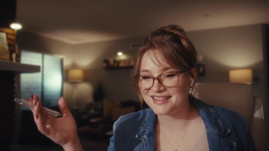 A close view shows a smiling woman wearing glasses and a denim jacket actively speaking and gesturing with a stylus during a video call