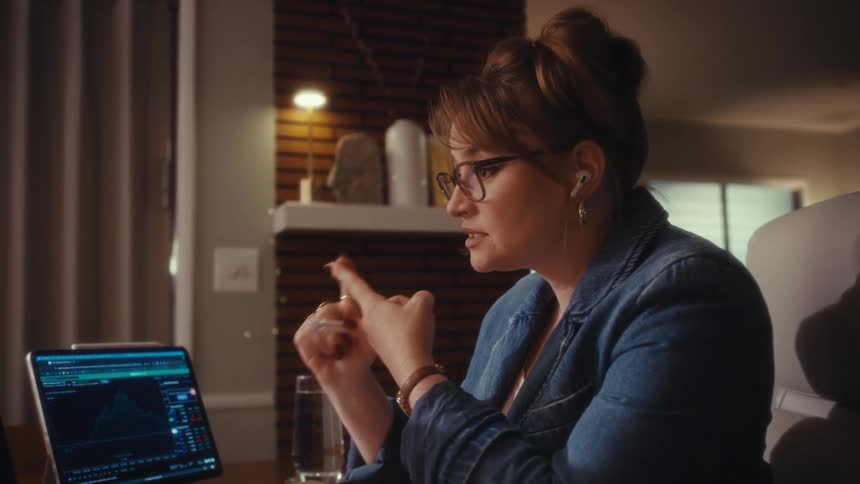 A woman sits in an office in front of her computer wearing an earbud during a live conference call she gestures with her hand as she explains engaged in the discussion