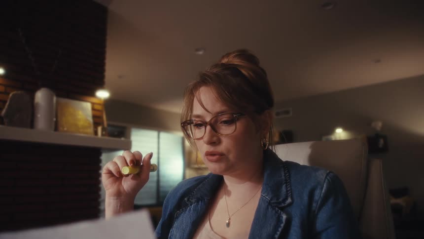 A woman wearing glasses and a denim jacket works at a computer at night intently reviewing documents and holding a yellow highlighter in her hand