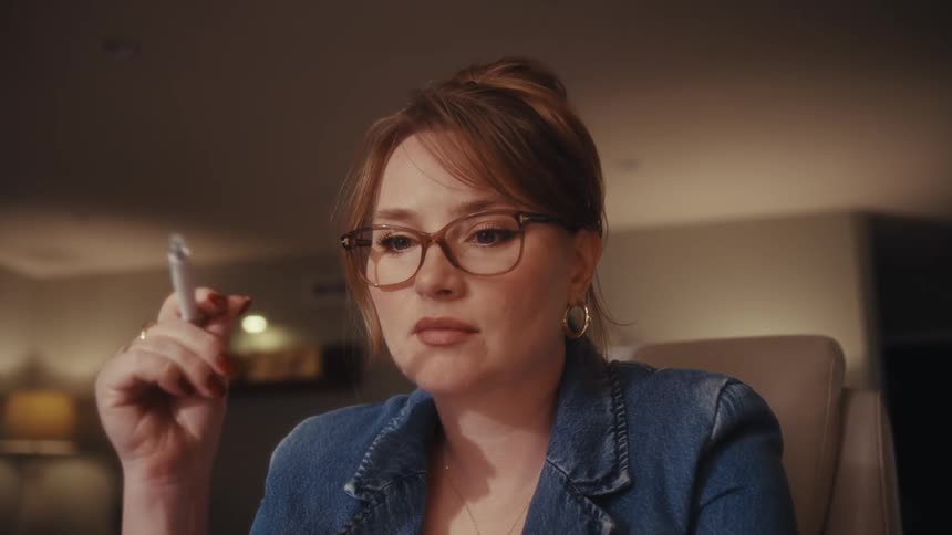 Woman wearing glasses and blue denim jacket holds pen while looking at screen in cozy setting
