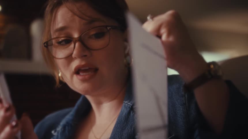 Woman holds a sheet with a declining chart while reviewing the data