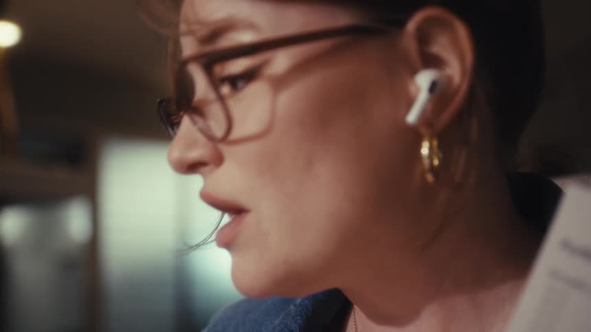 The video transitions from a closeup of a tablet displaying a stock market trading chart to a closeup of a woman wearing glasses and wireless earbuds who is speaking and holding up a paper chart