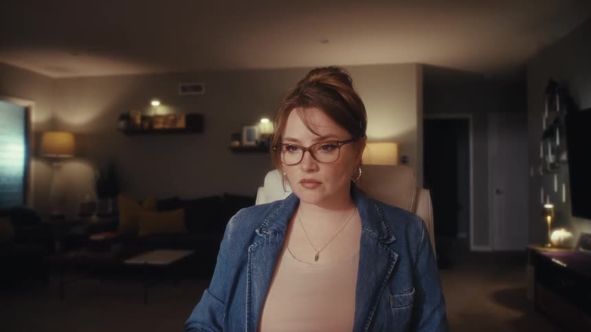 Woman works focused on her laptop in a softly lit evening room