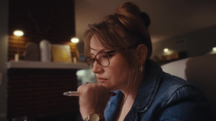 A person wearing glasses and a denim jacket is intensely focused on a tablet and laptop displaying financial or stock market data they appear to be analyzing the information occasionally holding a pen to their chin in thought