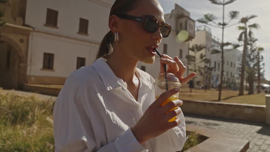 The woman is drinking in the city on a sunny day