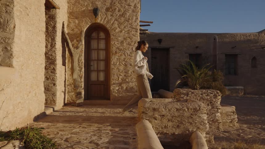 A woman dressed in light flowing clothing walks away from a stone building with an arched doorway and moves across the cobbled path of a sunlit rustic village with low ancientlooking stone walls and buildings