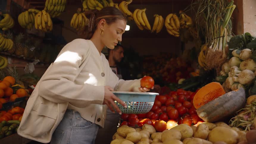 A woman browses a vibrant market stall selecting a fresh tomato from a colorful pile and placing it into her blue plastic basket a worker in the background picks up half a pumpkin