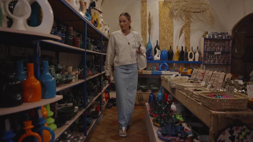 A woman walks down the aisle of a shop filled with colorful ceramics and souvenirs