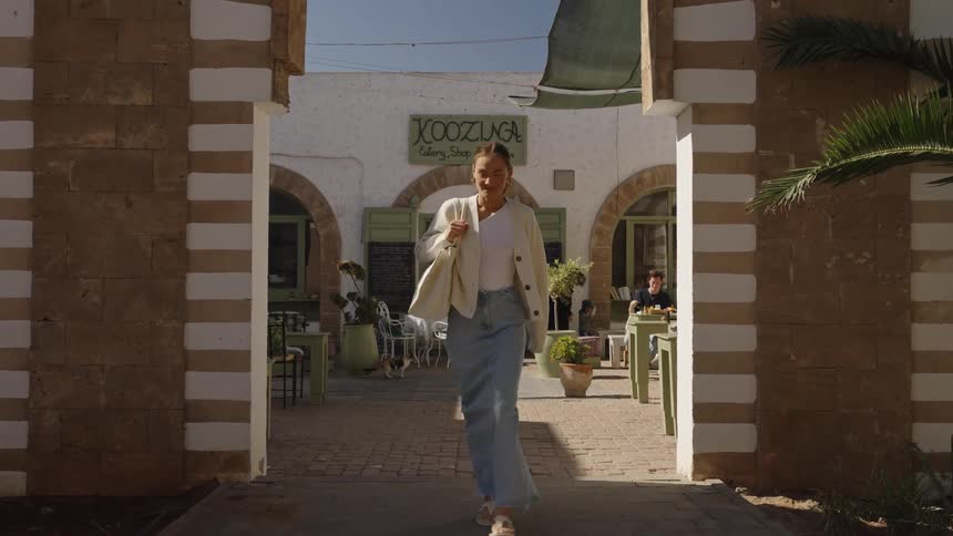 The woman walks through the archway in front of the building