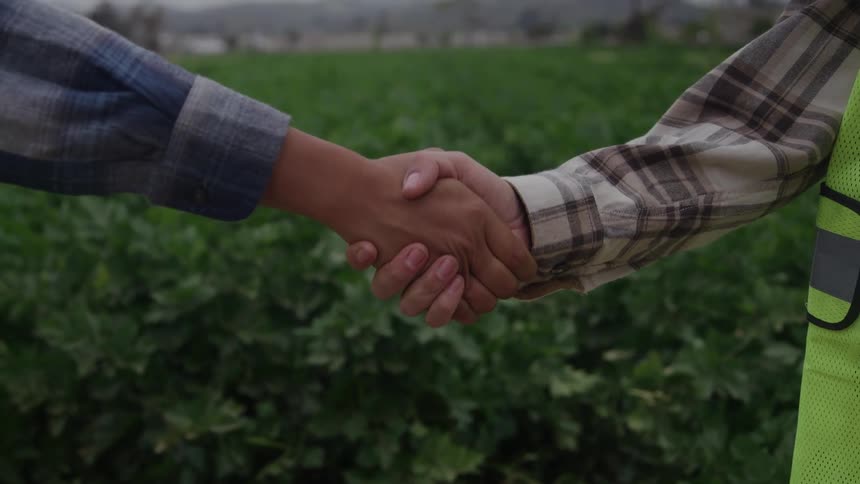 The video shows a closeup of two people shaking hands in a green leafy fieldone person appears to be wearing a checked shirt and the other a plaid shirt over a highvisibility vest suggesting a meeting or agreement between a farmer and possibly an i