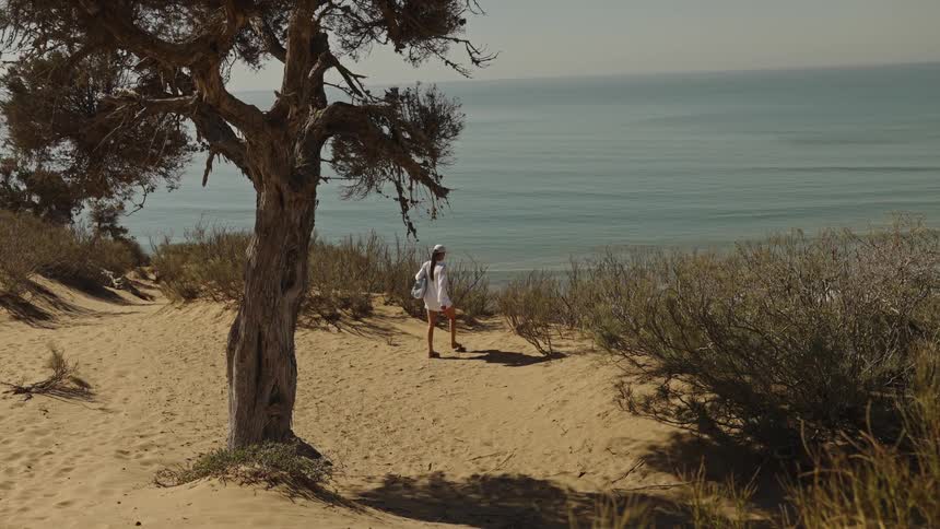 A woman walks along a beach toward the water
