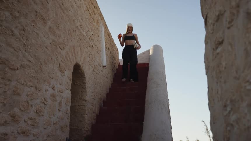 A woman is carrying a drink and books as she walks down a staircase outside