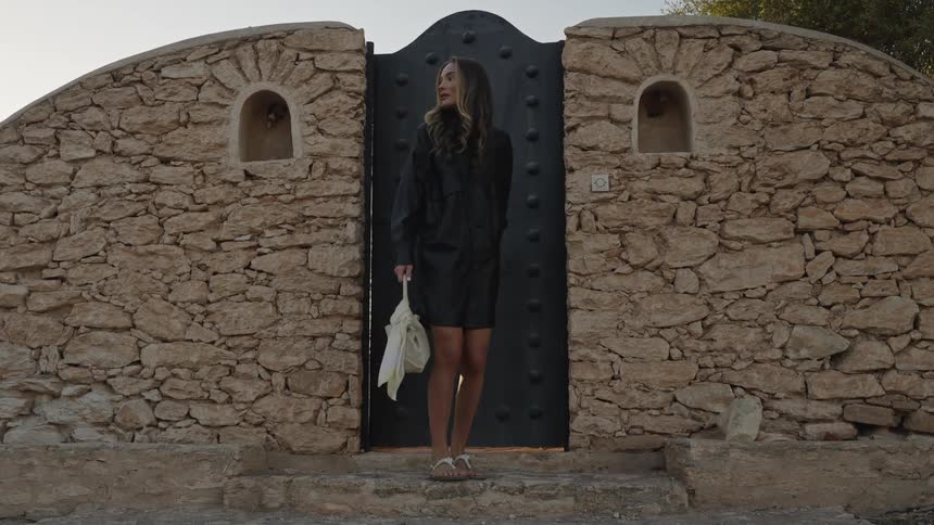 A close view shows a woman in a black dress stepping out of a heavy studded door set into an arched rustic stone wall