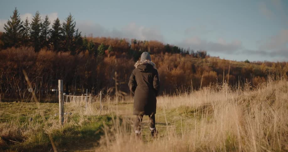 A person viewed from behind walks down a grassy path in an open field wearing a dark coat and a winter hat the landscape features tall dry grasses in the foreground with hills covered in a mixture of dark evergreen and reddishbrown deciduous trees