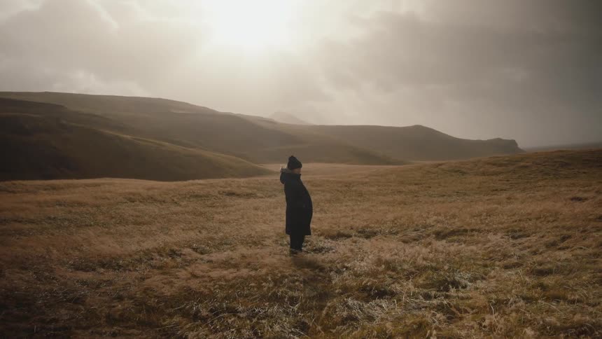 This short video clip features a person standing alone in a vast goldenbrown field of tall grass the setting appears remote with rolling hills or mountains receding into a distant overcast and hazy background