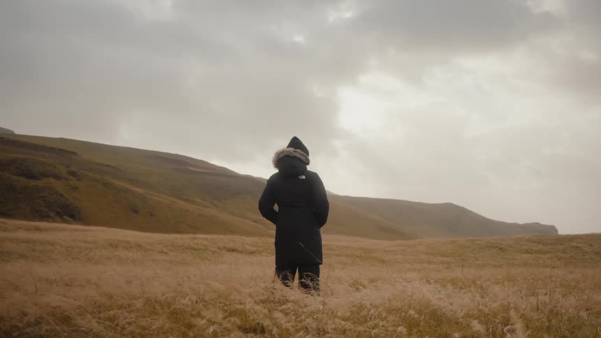 A person stands in tall golden grass looking toward a distant hillside under an overcast sky