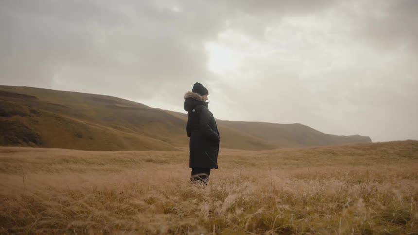 This video features a long static shot of a person standing alone in a vast empty landscapethe figure is seen from behind and the side wearing a long dark winter coat and a hat surrounded by tall goldenbrown grass with rolling hills under a clo