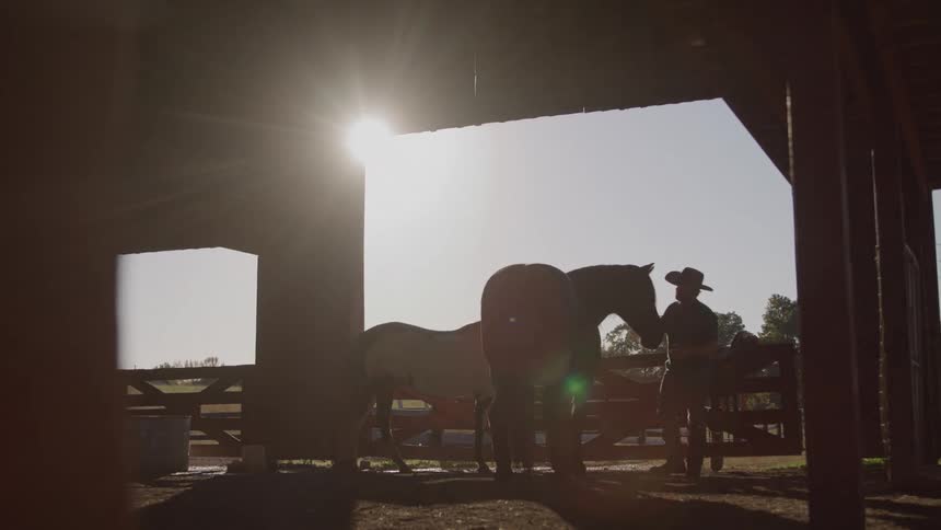 Silhouetted against the bright sun a cowboy stands with a horse inside a rustic barn