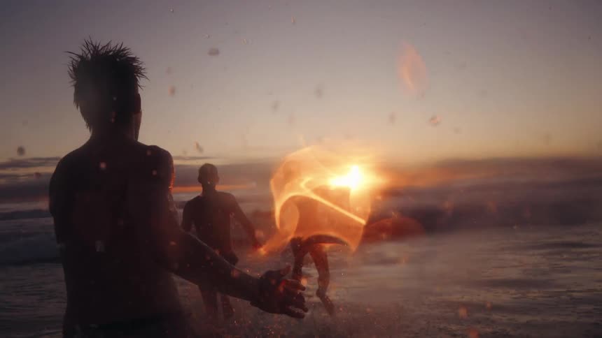 This video captures a vibrant sunset over the ocean with the suns reflection glittering on the watera group of friends silhouetted against the bright sky run and splash enthusiastically through the shallow waves creating an energetic and joyful s