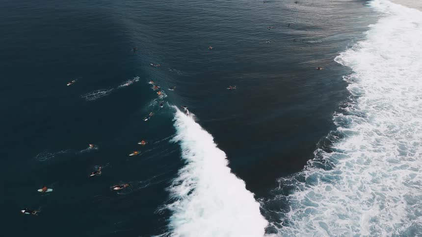 Surfers glide across a massive curling wave as it crashes with white foam capturing the raw power and motion of the ocean