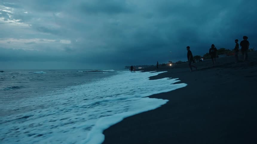 A beach scene at twilight features dark sand white foamy waves a cloudy sky and several silhouettes of people near the waters edge